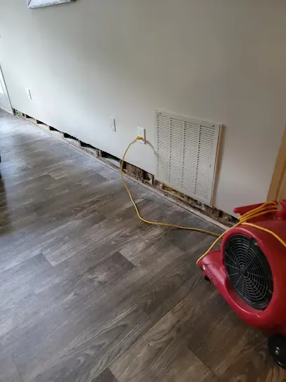 Air mover drying a hallway with flood cuts in a Duluth home