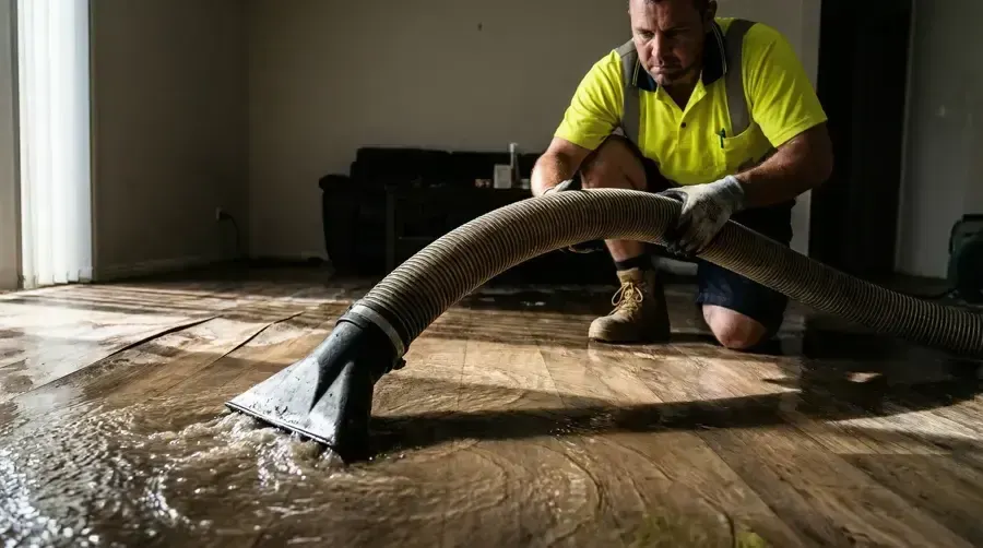 Technician extracting water from a flooded hardwood floor in a Duluth, GA home
